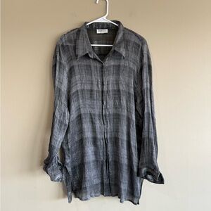 Gray Plaid Shimmer Metallic Button Down Tunic Top